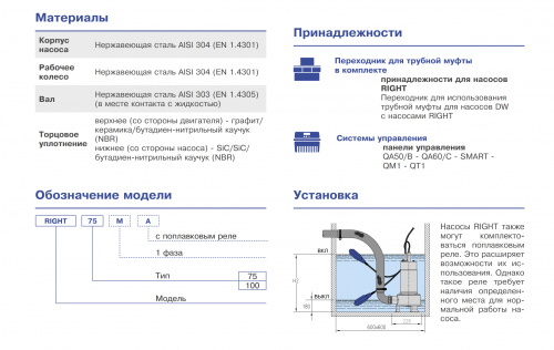 Погружной фекальный дренажный насос Ebara RIGHT/A 75 M A 10MT S/SPINA (Артикул 1771033221A)  купить (фото, вид 2)