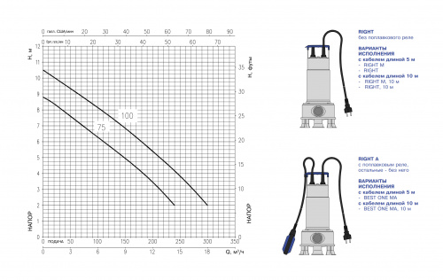 Погружной фекальный дренажный насос Ebara RIGHT/A 75 M A 10MT (Артикул 1771031421A)  купить (фото, вид 1)
